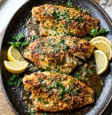 Baked Lemon Parmesan Tilapia 1 Baked Lemon Parmesan Tilapia garnished with lemon and herbs.