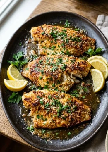 Baked Lemon Parmesan Tilapia garnished with lemon and herbs.