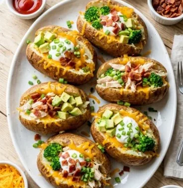 Delicious baked potatoes with assorted toppings at a baked potato bar