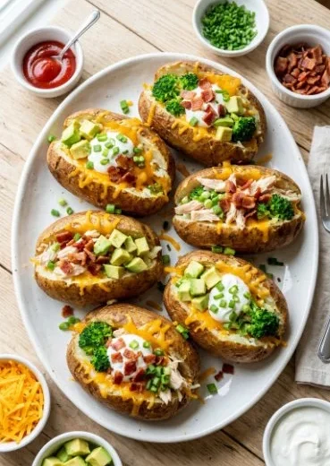 Delicious baked potatoes with assorted toppings at a baked potato bar