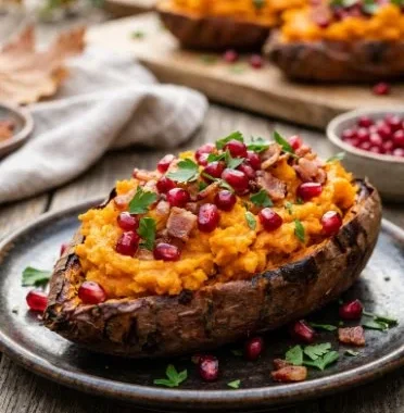 Baked Sweet Potatoes with Apple and Bacon 1 Baked sweet potatoes with apple and bacon on a serving plate
