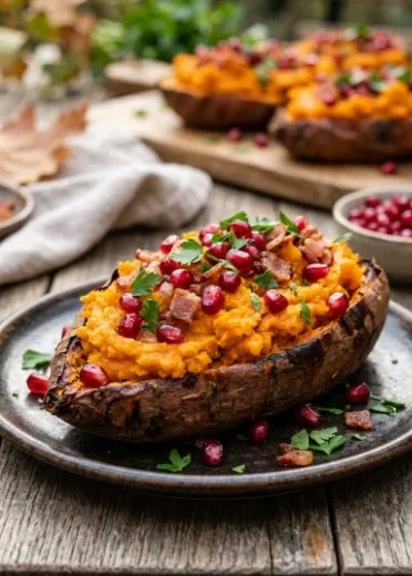 Baked sweet potatoes with apple and bacon on a serving plate