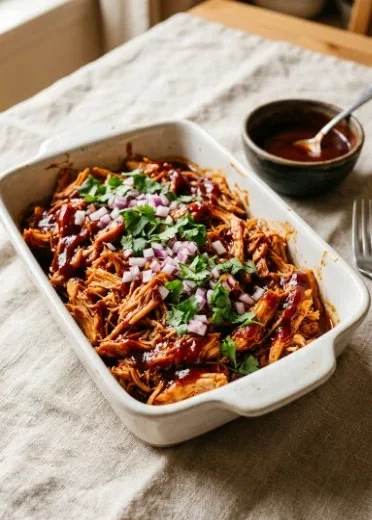 BBQ chicken casserole topped with sweet potatoes, a delicious comfort food dish.