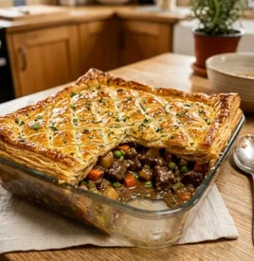 Delicious homemade beef pot pie fresh from the oven, topped with golden-brown crust.