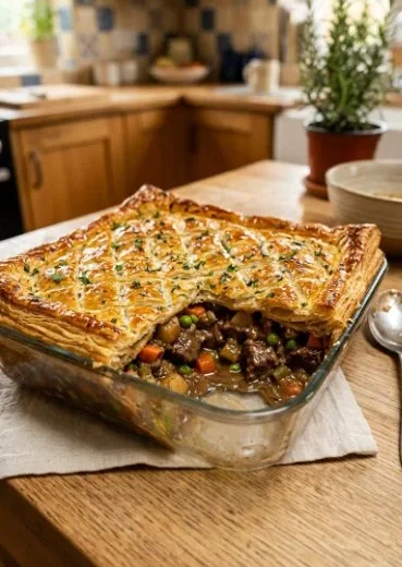 Delicious homemade beef pot pie fresh from the oven, topped with golden-brown crust.