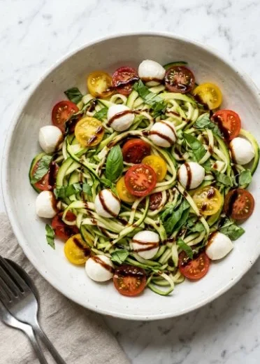 Delicious Caprese Zucchini Salad with fresh zucchini, tomatoes, and mozzarella