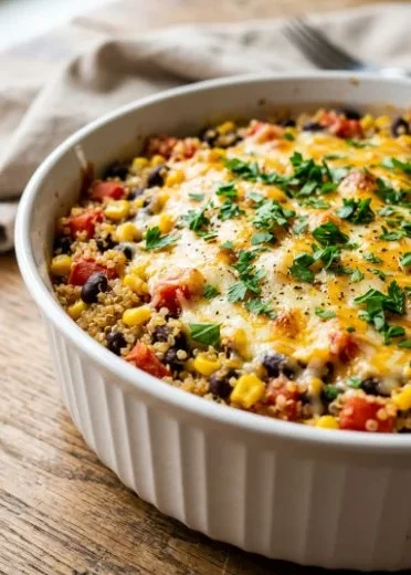 Delicious Black Bean Casserole topped with melted cheese and fresh herbs