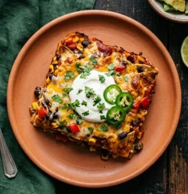 Black bean enchilada casserole topped with pumpkin chipotle sauce served in a dish.