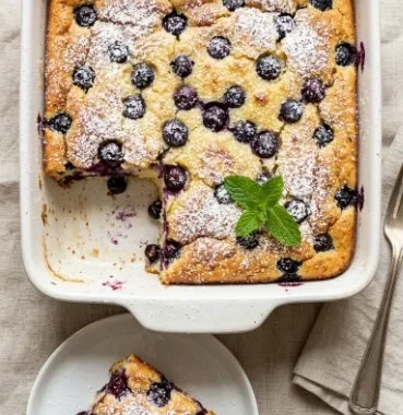 Blueberry Pancake Breakfast Bake 2 Delicious blueberry pancake breakfast bake served with syrup and fresh berries.