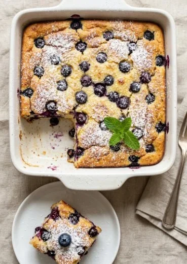 Delicious blueberry pancake breakfast bake served with syrup and fresh berries.