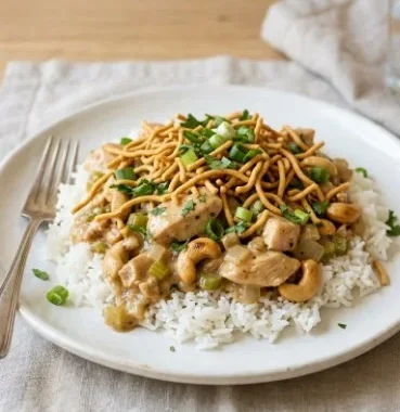 Delicious homemade Cashew Chicken Casserole baked with veggies and cashews