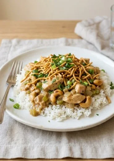 Delicious homemade Cashew Chicken Casserole baked with veggies and cashews
