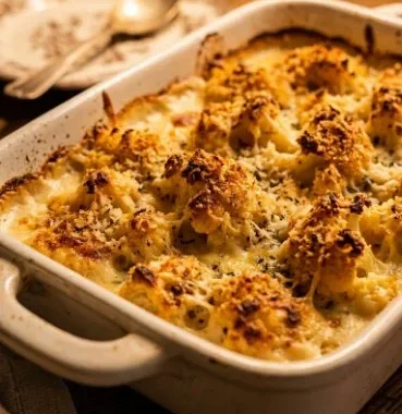 Creamy and cheesy cauliflower gratin dish served warm in a baking dish