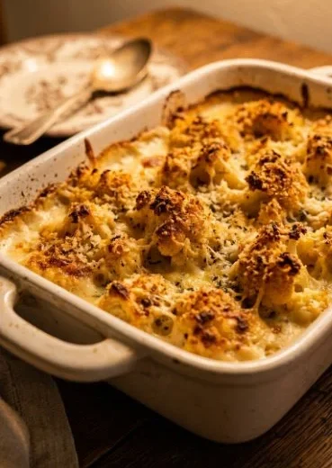 Creamy and cheesy cauliflower gratin dish served warm in a baking dish