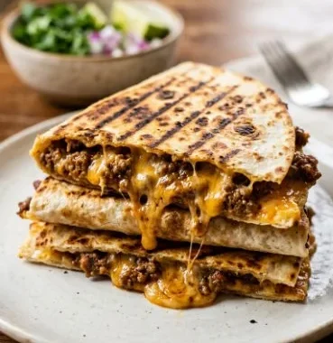 Delicious cheeseburger quesadillas served with condiments on a plate