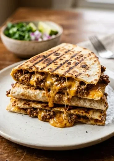Delicious cheeseburger quesadillas served with condiments on a plate