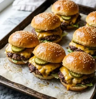 Plate of homemade cheeseburger sliders with pickles and toppings