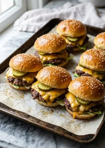 Plate of homemade cheeseburger sliders with pickles and toppings