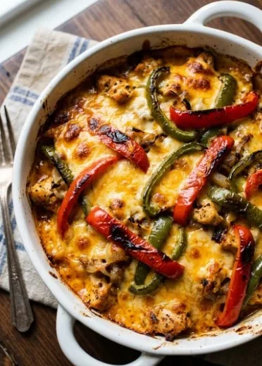 Cheesy fajita baked chicken dish served on a plate with vibrant vegetables.
