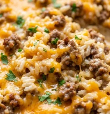 Cheesy ground beef and rice casserole served in a baking dish