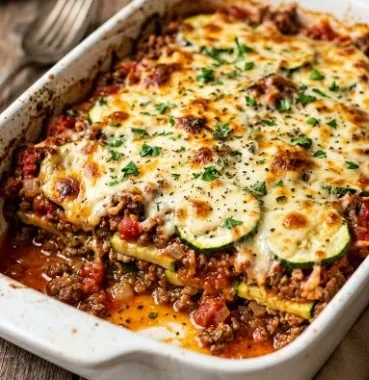 Cheesy Ground Beef and Zucchini Casserole 2 Cheesy Ground Beef and Zucchini Casserole served in a dish