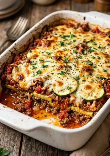 Cheesy Ground Beef and Zucchini Casserole served in a dish