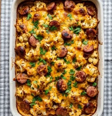 Cheesy Keto Sausage Cauliflower Bake with rich flavor and low-carb ingredients