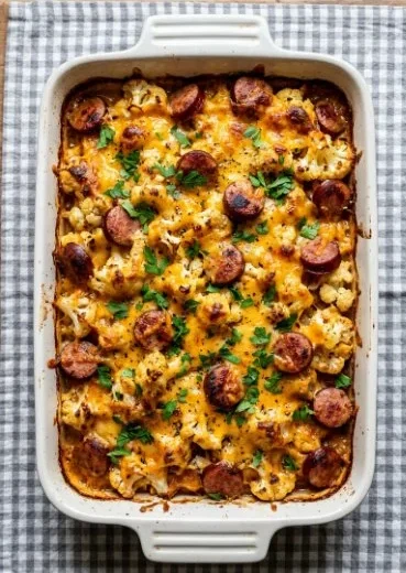 Cheesy Keto Sausage Cauliflower Bake with rich flavor and low-carb ingredients