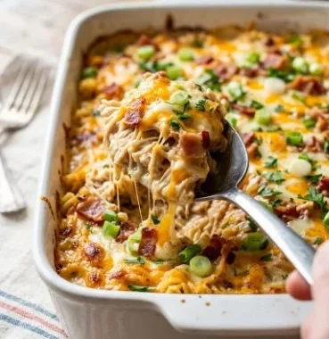 Delicious Chicken Bacon Ranch Casserole with melting cheese and crispy bacon