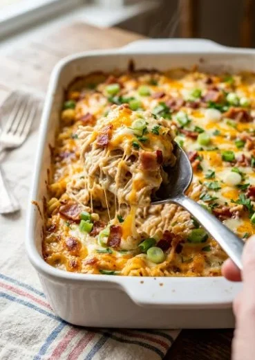 Delicious Chicken Bacon Ranch Casserole with melting cheese and crispy bacon