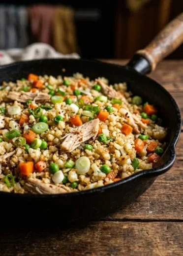 Delicious Chicken Fried Cauliflower Rice topped with vegetables and spices