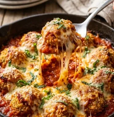 Plate of flavorful Chicken Parm Meatballs topped with marinara and cheese