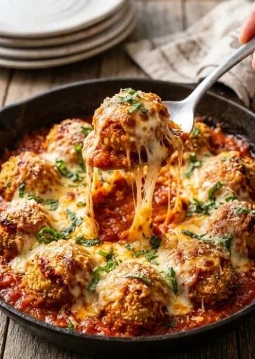 Plate of flavorful Chicken Parm Meatballs topped with marinara and cheese