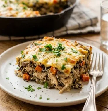 Delicious Chicken Wild Rice Casserole served in a baking dish