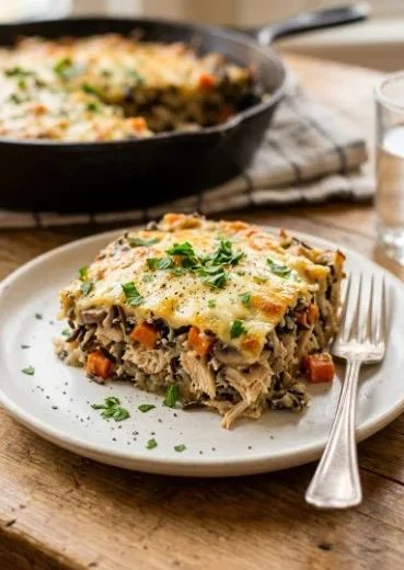 Delicious Chicken Wild Rice Casserole served in a baking dish