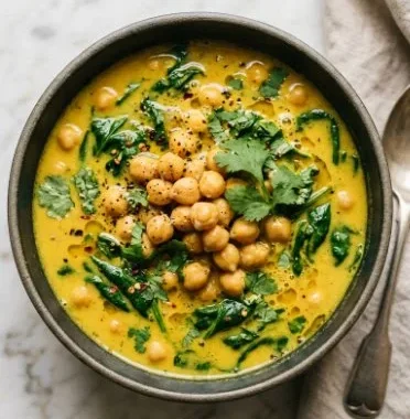 Chickpea and Spinach Coconut Curry 2 Bowl of Chickpea Coconut Curry with spinach served in a colorful dish
