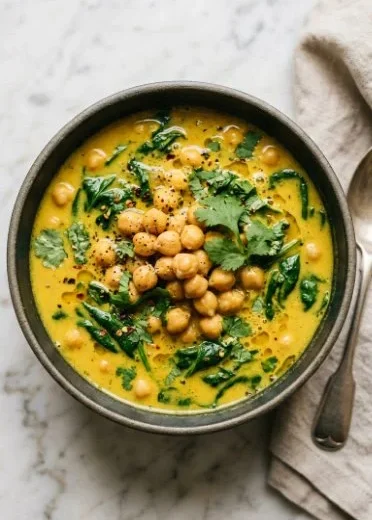 Bowl of Chickpea Coconut Curry with spinach served in a colorful dish
