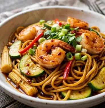 Chili Shrimp Stir-Fry with baby corn and noodles in a vibrant dish