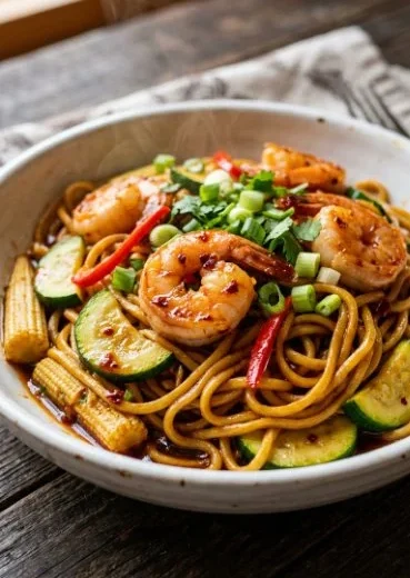Chili Shrimp Stir-Fry with baby corn and noodles in a vibrant dish
