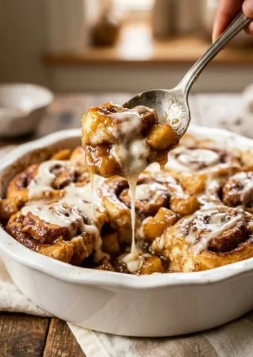 Delicious cinnamon roll casserole topped with apple pie filling