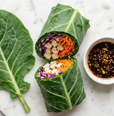 Collard Green Asian Wrap 2 Collard green Asian wrap filled with fresh vegetables and sauce