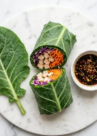 Collard green Asian wrap filled with fresh vegetables and sauce