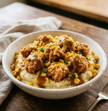 Copycat KFC Bowls 2 Delicious homemade Copycat KFC Bowls featuring chicken, mashed potatoes, and gravy