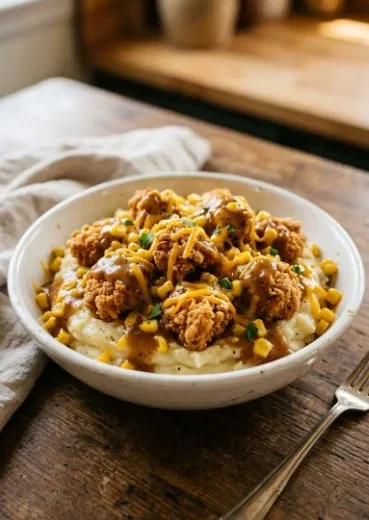 Delicious homemade Copycat KFC Bowls featuring chicken, mashed potatoes, and gravy