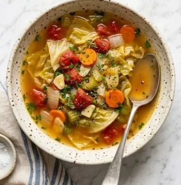 Cozy Garden Cabbage Soup 1 A bowl of cozy garden cabbage soup with fresh vegetables and herbs
