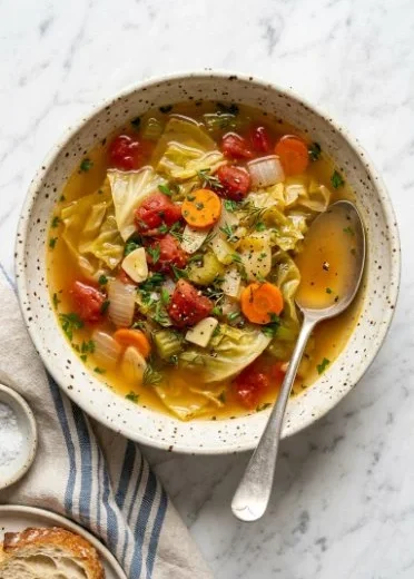 A bowl of cozy garden cabbage soup with fresh vegetables and herbs