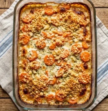 Creamy carrot casserole served in a dish with a golden topping
