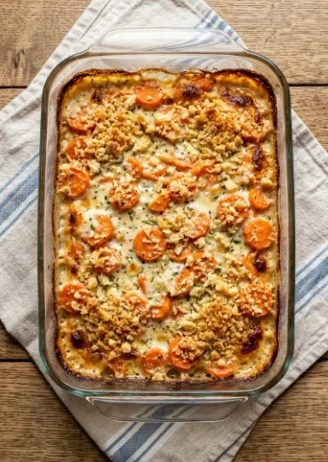 Creamy carrot casserole served in a dish with a golden topping