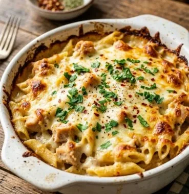 Creamy Chicken Bake Pasta 2 Creamy chicken bake pasta served in a bowl, garnished with herbs.