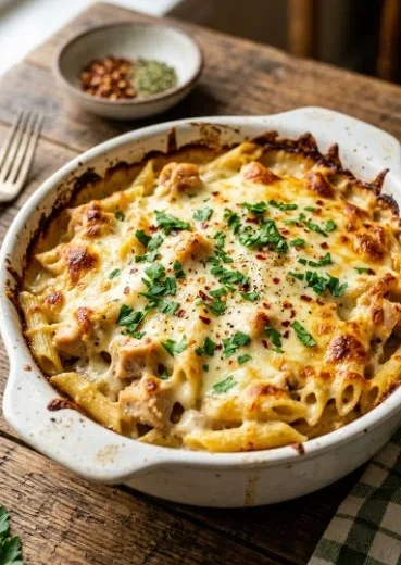 Creamy chicken bake pasta served in a bowl, garnished with herbs.